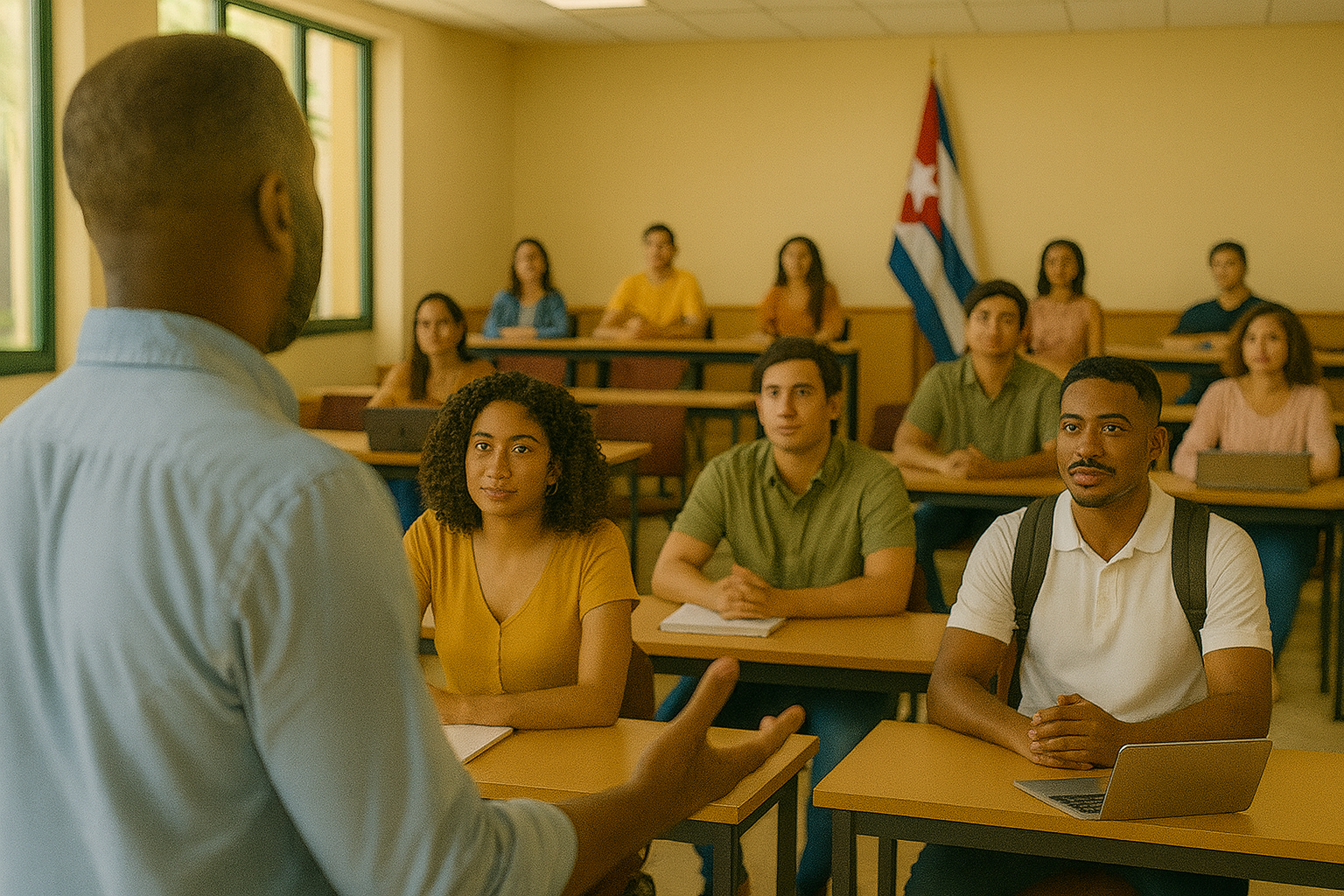Diverse professor teaching engaged students in classroom, representing CuraSources' role in facilitating access to Cuban educational programs in medicine, nursing, dentistry, and engineering